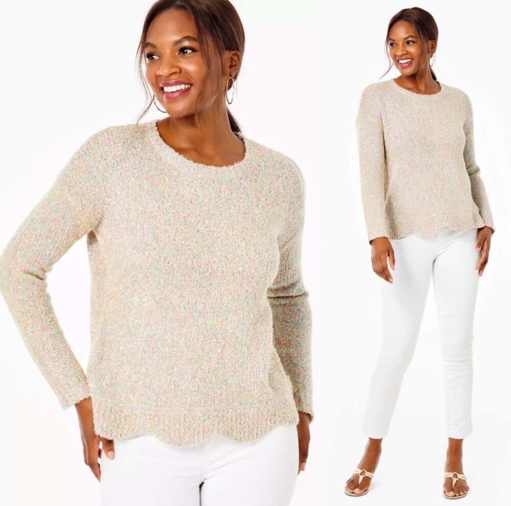 Lilly Pulitzer Metallic Gliana Long Sleeve Beige Knit Pullover Sweater XS